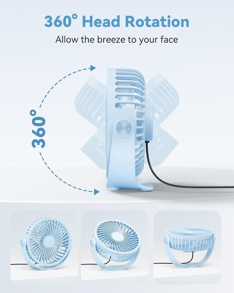 Edvision USB Desk Fan, 5 Inch Mini Portable, 3 Speeds Strong Airflow Personal Desktop, Detachable Cooling Fan 360° Rotation Quiet Small Fan for Desk Home Office Travel Car, Blue, 5ft Cable - Image 3